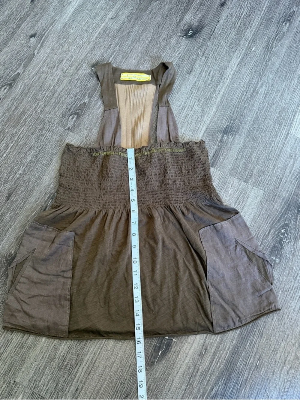 Brown Pocketed Smocked Apron Dress
